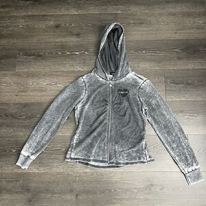 Vintage Bebe‎ Rhinestone Heart Full Zip 90s Hoodie Size Medium USA Ruffle Back